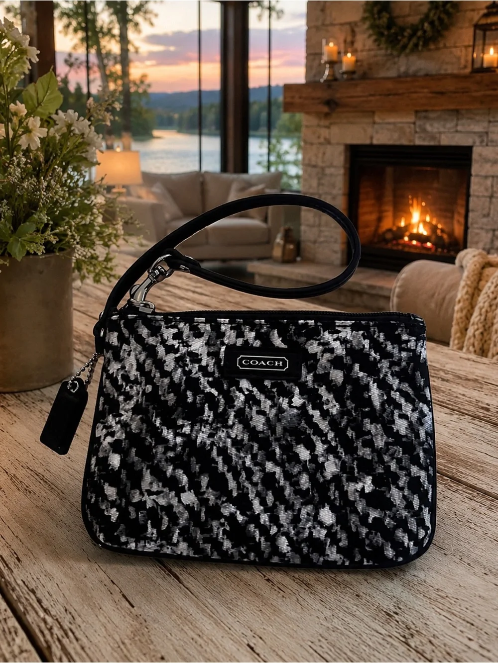 COACH Black & White Patterned Wristlet With Hangtag